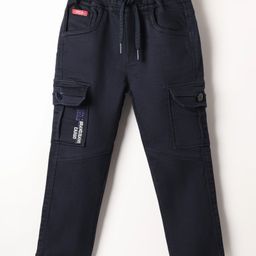 Olio Kids Cotton Woven Full Length Trouser With Text Embroidery & Cargo Pockets - Navy Blue-image-29