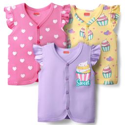 Babyhug Interlock Knit Frill Sleeves Front Open Vests With Heart & Ice Cream Print Pack Of 3 - Pink Purple & Yellow-image-58