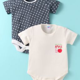 Ben Benny 100% Cotton Knit Half Sleeves Onesies with Stars & Text Print Pack of 2 - Cream & Charcoal Grey-image-67