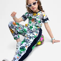 Ollington St. Cotton Co-Ord Set of Short Sleeves Top & Joggers with Graffiti Print - White Green & Yellow-picture-40