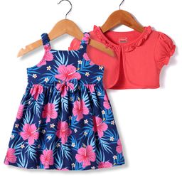 Babyhug Single Jersey Knit Frock & Half Sleeves Shrug With Floral Print - Navy Blue & Pink-picture-11