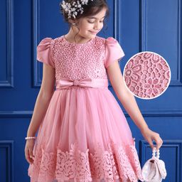 Mark & Mia Woven Puffed Sleeves Party Dress with Sequin Bow Applique & Crochet Detailing - Pink-image-8