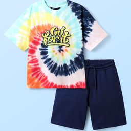 Pine Kids Single Jersey Knit Half Drop Shoulder Sleeves T-Shirt & Shorts Set With Tie & Dye Print - Multicolor & Navy Blue-image-86