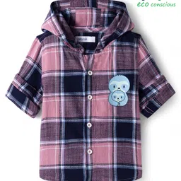 Babyoye 100% Cotton Woven Hooded Full Sleeves Checked Shirts with Animal Print - Purple-picture-37