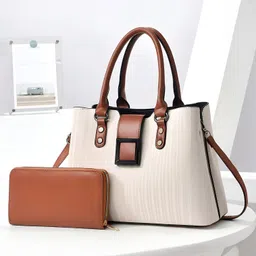 SYGA Pack of 2 Women's Handbag and Clutch Set, Shoulder Bag with Matching Wallet | Macaron-Inspired Stylish Daily Tote (Beige)-picture-38