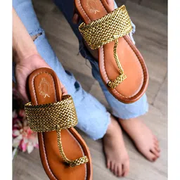 Shoetopia Cable Knit Designed Kolhapuri Sandals - Golden-picture-45