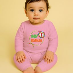 The Peppy Tend 100% Cotton Knit Rakshabandhan Theme Full Sleeves My 1st Rakhi Text Printed Romper - Pink-image-9