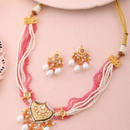 DASTOOR Gold-Plated Stone-Studded & Beaded Necklace & Earrings-95