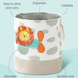 fab n funky Foldable Laundry Bag Lion in the Plane Print - Off White & Grey image 3