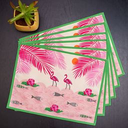 Indisca Designs 6-Pcs Cream Colored & Pink Flamingo Habitat Printed Table Placemats-26