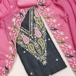 Panzora Floral Embroidered Thread Work Vichitra Silk Unstitched Dress Material-picture-35