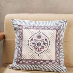 Fabindia Jamuni White & Blue Ethnic Motifs Cotton Square Cushion Cover-picture-29