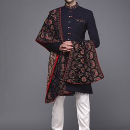 Manyavar Men Navy Blue & White Printed Sherwani Set with Dupatta-image-7