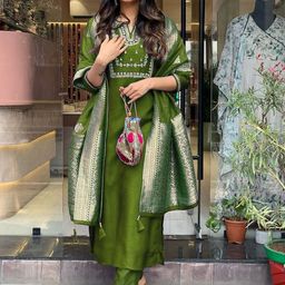 PEENGAX Floral Yoke Design Chanderi Cotton Straight Kurta With Trousers & Dupatta-picture-11