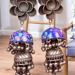 Bucciato Private Limited Silver-Plated Ghungroo Beaded Lotus Dome Shaped Oxidized Jhumkas-27