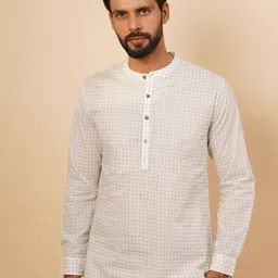 JAYPORE Geometric Printed Band Collar Cotton Short Kurta-image-78