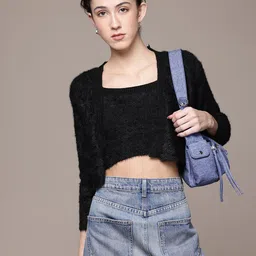 Roadster Boucle Woollen Crop Front Open Sweater & Top with Fuzzy Detail-picture-15