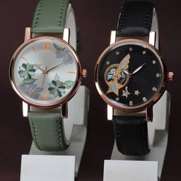 VIRAKTI Unisex Set Of 2 Leather Straps Analogue Watch M.F-49-GREEN-F-69-BLACK ROSEGPOLD-image-31