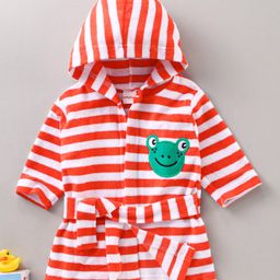 Babyhug Three Fourth Sleeves Hooded Bath Robe Striped and Embroidered - Orange-image-63