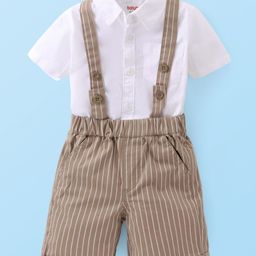 Babyhug Cotton Woven Half Sleeves Solid Color Shirt & Striped Shorts With Suspender - White & Beige-picture-18