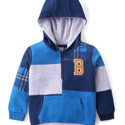 Babyhug Cotton Knit Full Sleeves Cut & Sew Hooded SweatJacket With Kangaroo Pockets - Blue-image-87