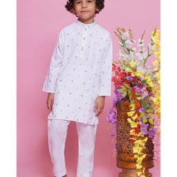 Little Bansi Cotton Full Sleeves Leaf Printed Kurta With Pyjama - White-image-59