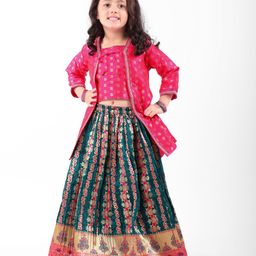 Babyhug Woven Three Fourth Sleeves Lehenga & Choli With Jacket Set and Lace Detailing- Green & Pink-image-1