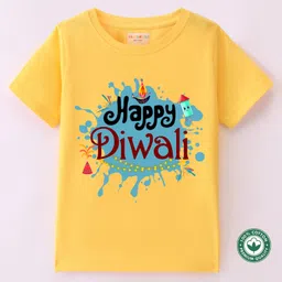 BLUSHES Diwali Theme 100% Cotton Half Sleeves Happy Diwali Text Printed Tee - Yellow-picture-32