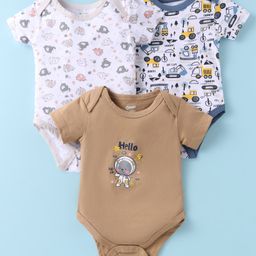 OHMS Single Jersey Knit Half Sleeves Onesies with Animal & Vehicle Print Pack of 3 - White & Tan-image-60
