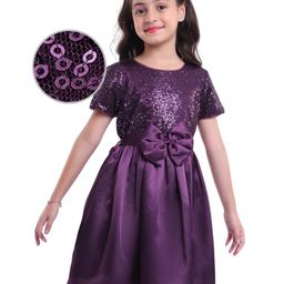 Hola Bonita Knit Half Sleeves Fit & Flare Party Dress with Sequin Detailing & Bow Applique - Purple-image-38