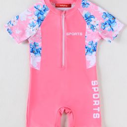Babyhug Half Raglan SleevesLegged Swimsuit with Floral Print - Pink-picture-13