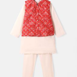 Babyhug Woven Full Sleeves Kurta Pyjama Set with Floral Printed Nehru Jacket - Beige-image-102