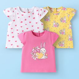 Babyhug Cotton Knit Cap Sleeves T-Shirts with Hearts & Bunny Print Pack of 3 - Pink White & Yellow-image-62