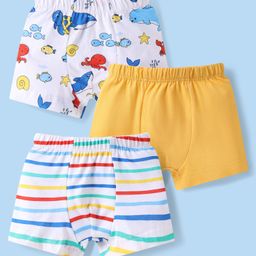 Babyhug 100% Cotton Knit Antibacterial Trunks With Stripes & Sea Life Print Pack Of 3 - White & Yellow-image-26