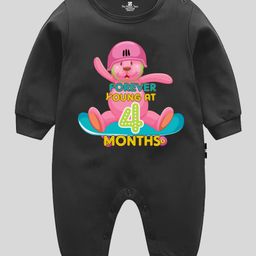 The Peppy Tend Monthly Birthday Theme 100% Cotton Full Sleeves Forever Young At Four Months Text Printed Romper - Black-picture-5