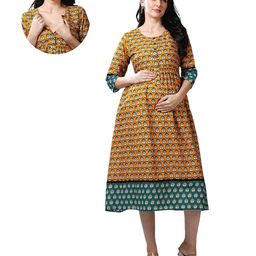 Mom for sure by Ketki Dalal Cotton Woven Three Fourth Sleeves Faces Printed Maternity Dress With Nursing Access - Yellow-image-63