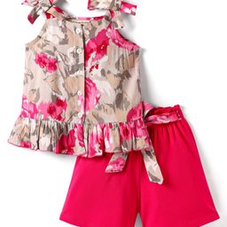 CrayonFlakes Rayon Sleeveless Floral Printed Top & Shorts Set - Pink-image-108