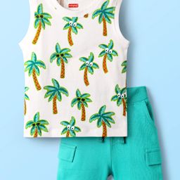 Babyhug Single Jersey Knit Sleeveless Tank T-Shirt & Shorts With Tropical Print - Aqua Blue & White-image-45