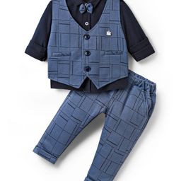 Mini Taurus Interlock Knit Full Sleeves 3 Piece Party Suit with Bow Detailing & Geometric - Charcoal Grey & Navy Blue-image-60
