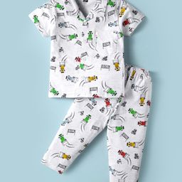 Evimo Single Jersey Knit Half Sleeves Co-Ord Night Suit With Car Print - Light Grey-image-34