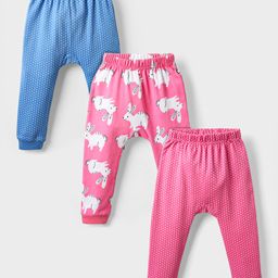 Kookie Kids Interlock Knit Full Length Polka Dot & Bunny Printed Diaper Leggings Pack of 3 - Pink & Blue-image-11