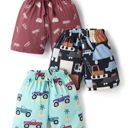 Teddy Sinker Knit Knee Length Shorts With Vehicles Print Pack Of 3 - Light Blue Black & Maroon-image-67