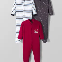Kidi Wav Pack Of 3 Full Sleeves Striped & Polka Dots Printed Footed Sleepsuits - Multi Colour-picture-8