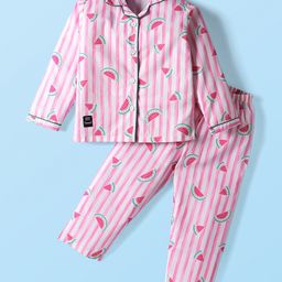 Enfance Core Full Sleeves Striped & Watermelon Printed Coordinating Night Suit Set - Pink-picture-6