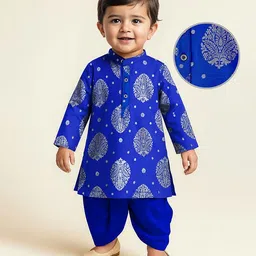 EARTHY TOUCH Single Jersey Knit Full Sleeves Kurta Dhoti Set with Motif Foil Print - Blue-picture-14