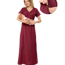 Piu Cotton Woven Half Sleeves Abstract Printed Nighty With Side Zipper Nursing Access - Maroon-picture-28