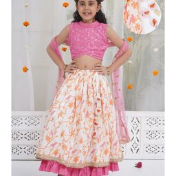 Little Bansi Cotton Viscose Linen Woven Sleeveless Floral Embroidered Tassels Detailed Lehenga Choli With Dupatta Set - Pink-picture-49
