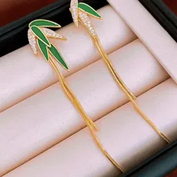 KRENOZ Gold-Plated Crystals Studded Leaf Shaped Drop Earrings-44