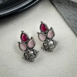 NAMAN ARTS Silver-Plated Artificial Stones Studded Floral Shaped Oxidised Drop Earrings-18