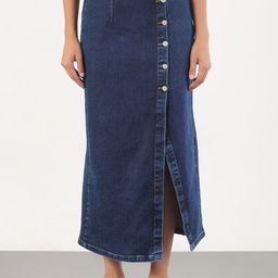 SHOWOFF Denim Front Slit Pencil Midi Skirt-image-76